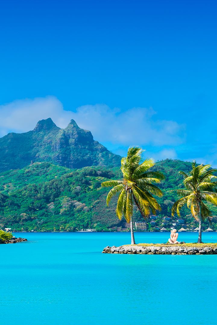 palm trees and statue on tiny island in front of mountains